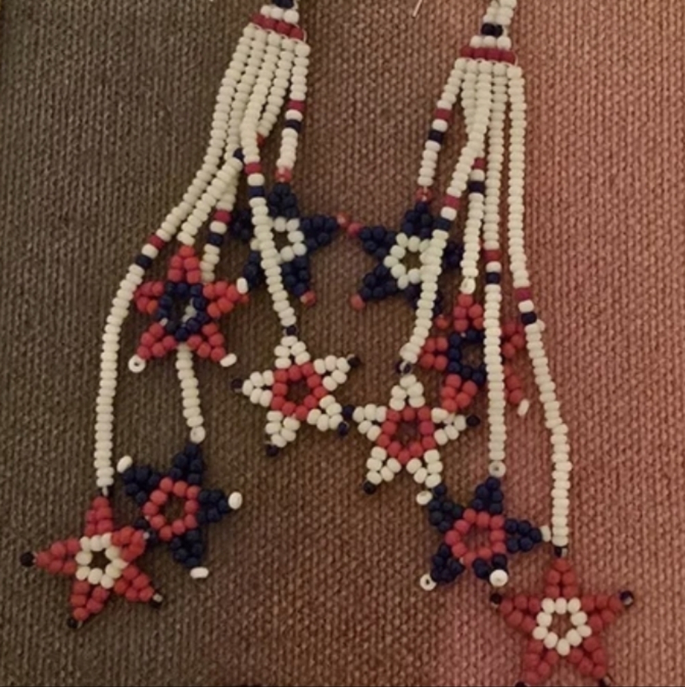 Native American Beaded Star Fringe Necklace Earrings - Red White Blue